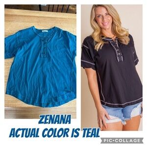 Zenana NWOT exposed seams quarter button down raw edge short sleeve size medium